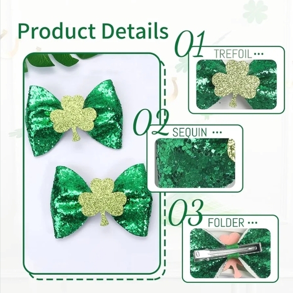 Green Glitter Bow with Shamrock Hair Clips - Picture 3 of 4